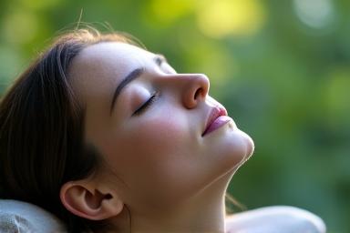 Persona rilassata con gli occhi chiusi in un ambiente naturale